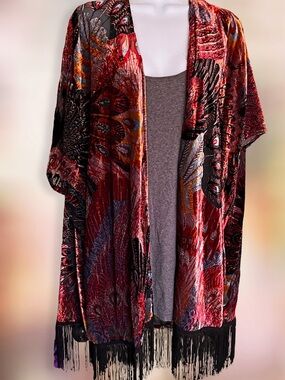 BLACK RAINN BURNOUT VELVET KIMONO Vintage Inspired Boho Statement Fringe Hem Y2K
